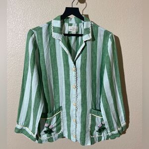 Trovata Green and White Striped Shirt Blazerwith Floral Details